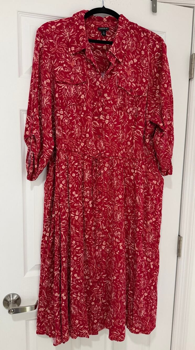 Torrid - Women's Red Floral Shirt Dress - Midi - Stretch Challis - Size 2